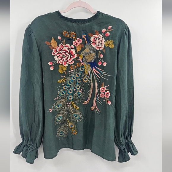 Johnny Was Embroidered Forest Green Blouse Size Large - Picture 14 of 15